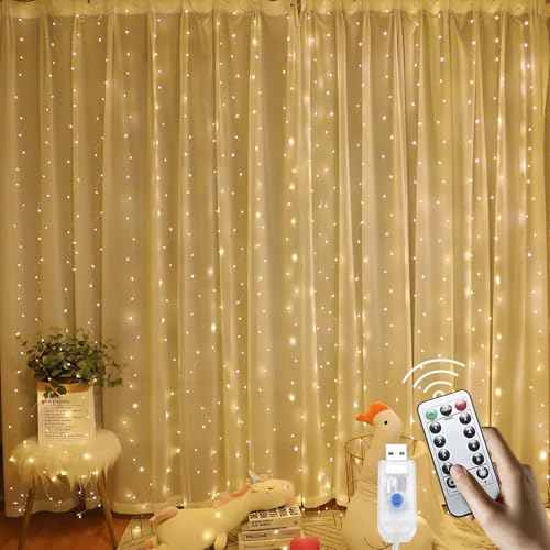 URLUKY 300 LED Curtain String Lights with Remote & Timer, 8 Modes Lighting, 9.8×9.8 Ft, DIY Lights for Birthday Wedding Ch...
