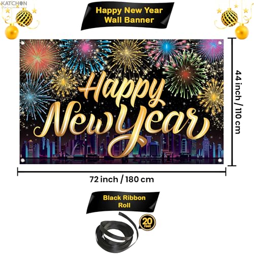 KatchOn, Neon New Years Decorations 2026 Set - Huge, Pack of 10 | Rainbow Happy New Year Banner, New Years Balloons, Disco...