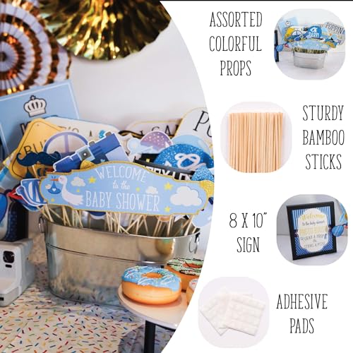 Boy Baby Shower Photo Booth Props - 41-pc Photo Booth Kit with 8 x 10-Inch Sign, 60 Glue Dots, 45 Sticks - Picture Props f...