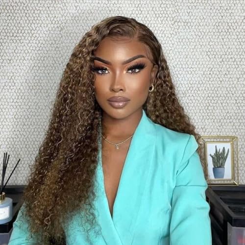 Honey Blonde 13x6 Deep Curly Lace Front Wigs Human Hair Pre Plucked Curly Frontal Wig 26 inch 4/27 Highlight Ombre Deep Jerry Curly HD Lace Front Wigs 180% Density Curly Lace Front Wig for Women