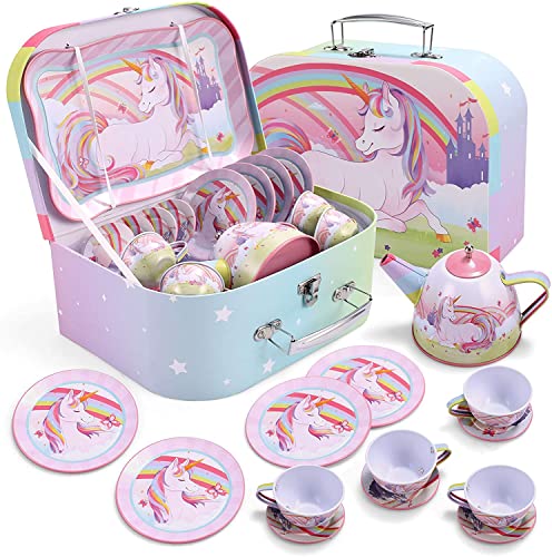 JOYIN Unicorn Tea Party Set for Little Girls, Pretend Pink Tin Teapot Set, Princess Tea Time Play Kitchen Toy with Teapot,...