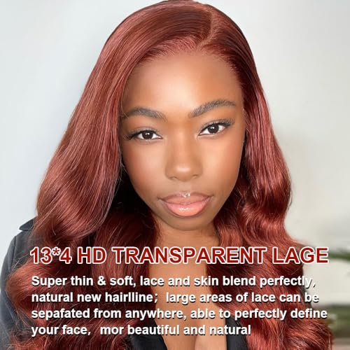 Reddish Brown Lace Front Wigs Human Hair 28 Inch 13x4 Body Wave HD Lace Frontal Wigs Human Hair for Women 180 Density Auburn Colored Copper Red Pre Plucked