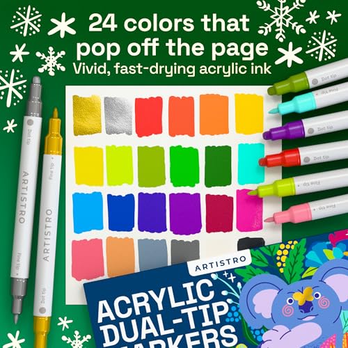 ARTISTRO 24 Acrylic Paint Markers for Rock, Fabric, Wood, Glass, Craft, Decoration - Dual-Tip Paint Pens - Stocking Stuffe...