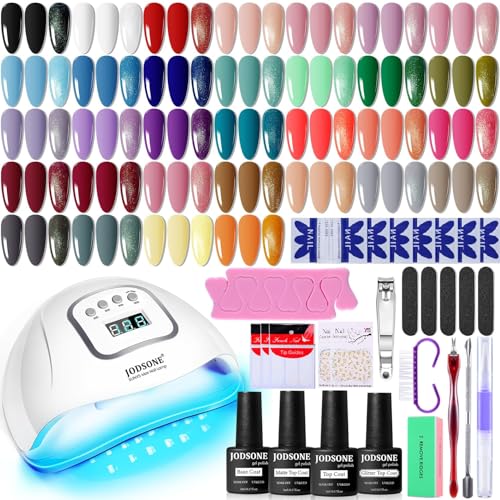 JODSONE Gel Nail Polish Kit with U V Light 32 Colors Gel Polish Nail + 4 Functional Adhesive Bottles Kit Soak Off Manicure...