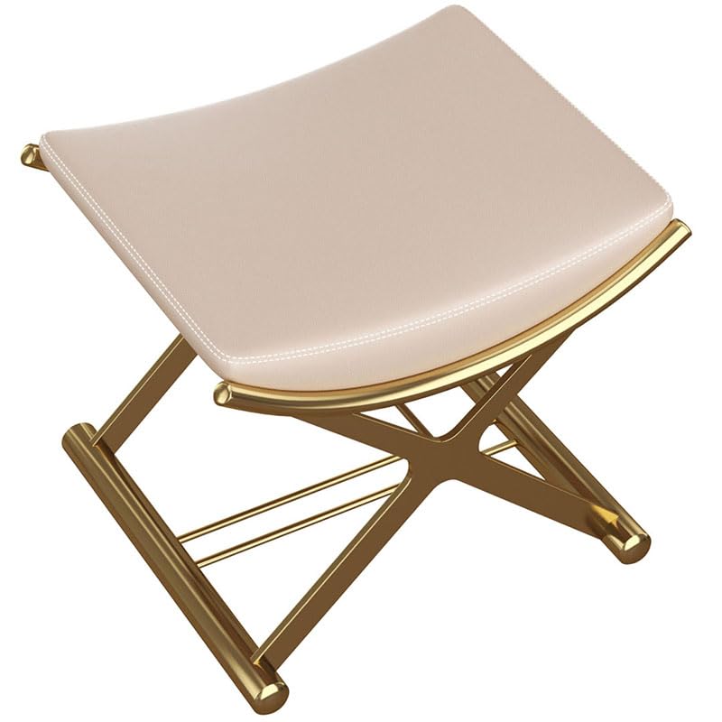 CHSSIH Vanity Stool Chair for Makeup - Small Backless Leather Stool for Vanity - Modern Ottoman Bench Seat with Metal X Legs, Footstool for Bathroom & Living Room - Gold