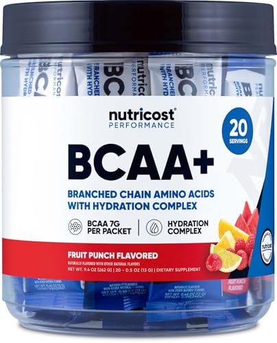 Nutricost BCAA+ Hydration Fruit Punch Flavor (20 Stickpacks) - Branched Chain Amino Acids with Hydration Complex - Gluten-...