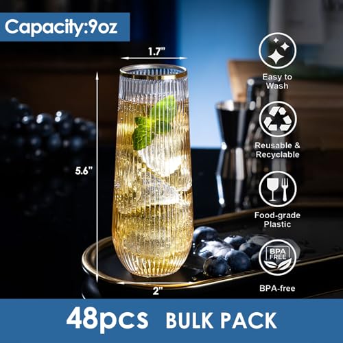 eventpartener 48 Pack Plastic Stemless Disposable Champagne Flutes, Unbreakable 9Oz Champagne Glasses, Origami Style Bulk ...