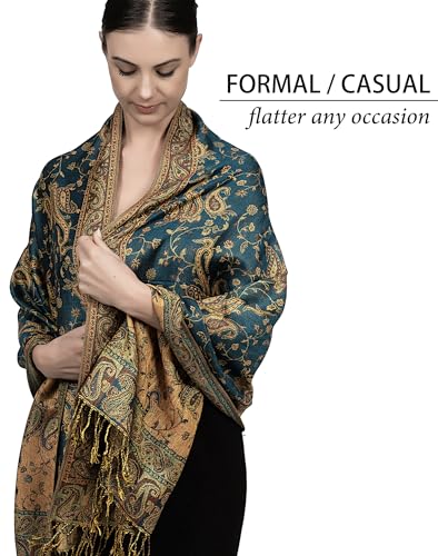 Achillea Reversible Paisley Pashmina Rave Scarf – Exotic Indian Shawls and Wraps for Evening Dresses, Festivals, All Seasons