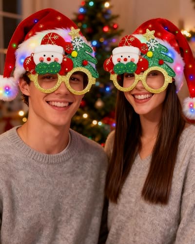 Hiwtonk LED Light Up Christmas Santa Hat with Christmas Glasses Set for Adult Xmas New Year Festive Holiday Party Headwear