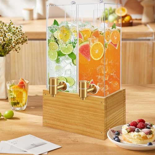 2 Pack 2 Gallon Drink Dispenser, Large Drink Dispenser with Wood Stand, Beverage Dispenser with Ice Core and Airtight Valv...