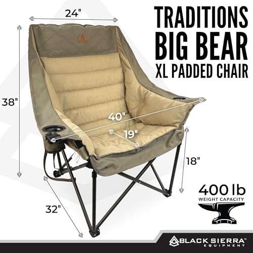 Black Sierra Deluxe Padded Camping Chair for Sports & Outdoors, Oversize XL Outdoor Folding Chair Supports 400 lbs, Heavy ...