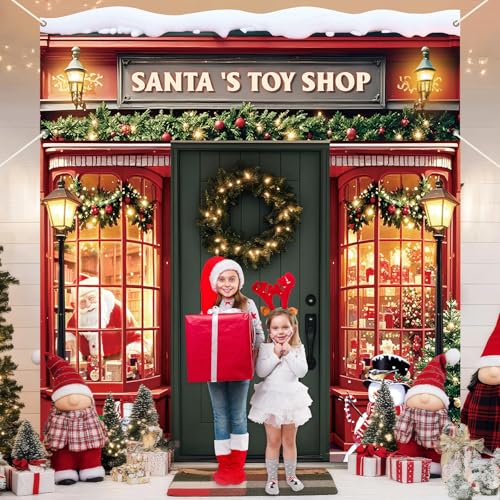 Xmas Santa's Door Cover Christmas Santa's Toy Shop Door Decorations Christmas Party Porch Banner Xmas Hanging Background f...
