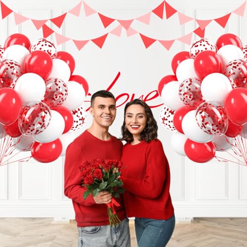 60pcs Red and White Balloons 12inch with White Red Confetti Balloons for Wedding Engagement Christmas Valentine's Day Birt...