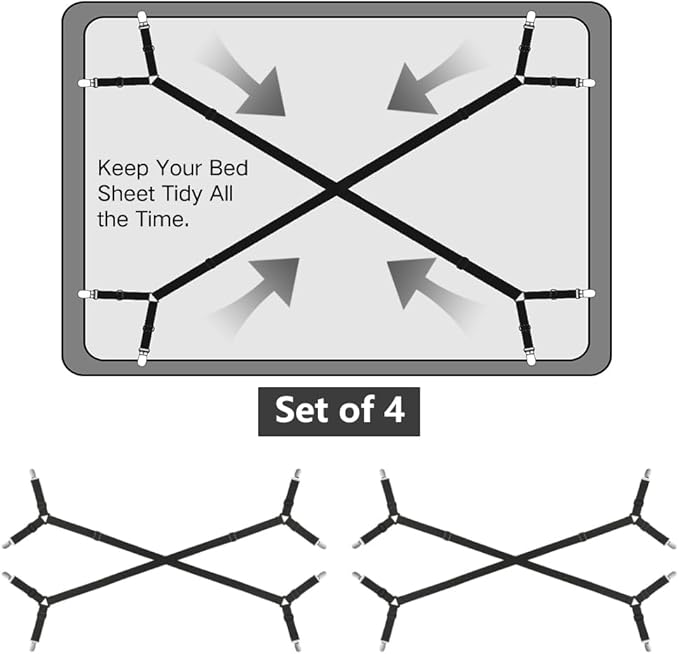 Foloda Bed Sheet Holders, 4 pcs Adjustable Fitted Sheet Straps Holders for Bed Corner, Sheet Fasteners Clips Suspenders lockers Gripper Scrunchie, Keep Sheet Firm Tight