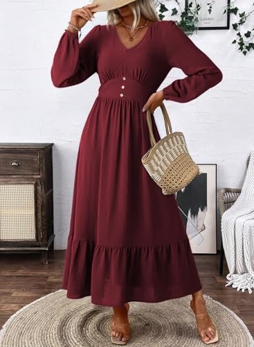 Dokotoo Womens Dresses Fashion 2025 Long Sleeve V Neck Maxi Dresses Elegant Casual Flowy Tiered Boho Beach Vacation Outifits