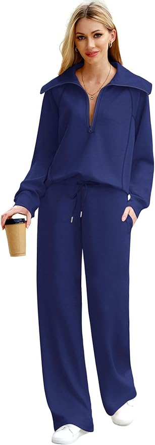 XIEERDUO Lounge Sets For Women 2025 Half Zip Sweatshirt And Wide Leg Sweatpant 2 Piece Outfits Sweatsuit Tracksuit