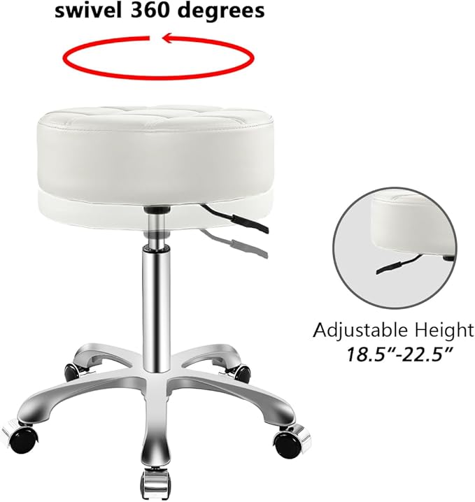 Ainilaily Rolling Stool with Wheels, Thick Cushion Heavy Duty Esthetician Hydraulic Chair Stool for Work Medical Tattoo Salon Office (White)