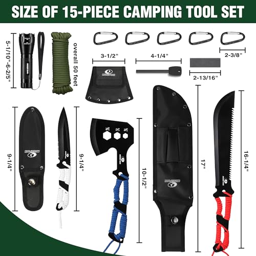 Mossy Oak Hatchet and Machete Knife Set with Sheath, One-Piece Axe & Hunting Knives with Paracord Handle, Zoomable Flashli...