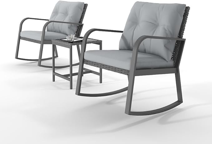 HLNPTN 3 Piece Rocking Bistro Patio Set, Outdoor Rocking Chair, Outdoor Bistro Sets Wicker Patio Furniture Rocking Chairs Sectional Couch with Tempered Glass Top Coffee Table & Cushions, Grey