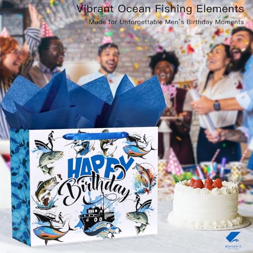 WRAPAHOLIC 13" Adventure Fishing Birthday Gift Bag with Card and Tissue Paper - Navy Blue Fish and Angler Design Paper Bag...