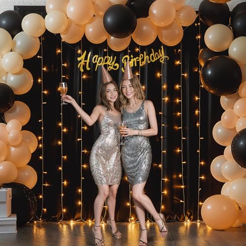 Black Backdrop Curtain with Lights String for Parties,10x10FT Wrinkle Free Black Drapes Wedding Photo Backdrop Curtains fo...
