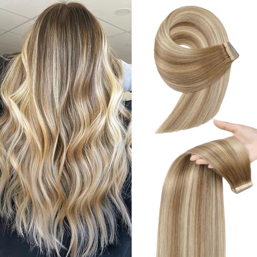 Tape in Hair Extensions Human Hair 24 Inch Balayage Medium Brown Mixed Dark Blonde Double Sided Tape for Skin Weft Hair Extension Invisible Tape in Hair Extensions Straight 20pcs (10/10/22#,24 Inch)