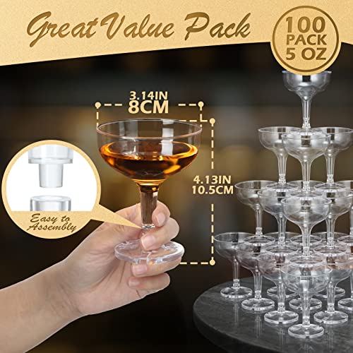 Potchen 100 Pcs Plastic Champagne Party Glasses 5 oz Clear Disposable Champagne Glasses Stackable Acrylic Martini Flutes U...