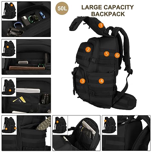 HRTACPAG 50L Military Tactical Backpack Molle Rucksack Large Army 3 Day Assault Pack Heavy Duty Backpack for Men (Black Camo)