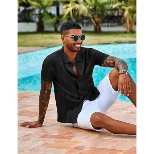COOFANDY Men's Knit Shirts Short Sleeve Casual Button Down Polo Shirt Summer Beach Vacation Shirts
