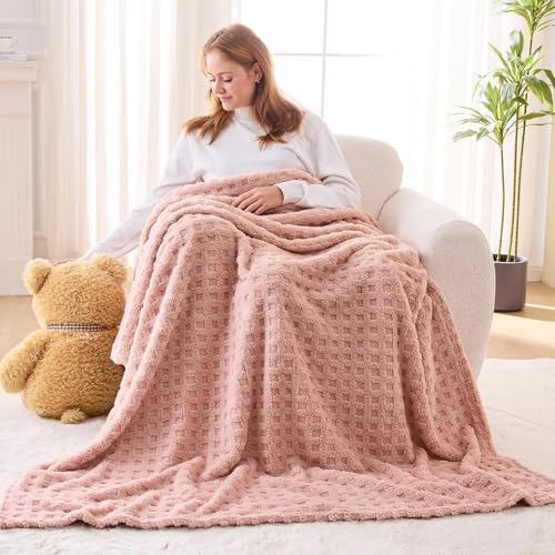 NEWCOSPLAY Super Soft Throw Blanket Pink Premium Silky Flannel Fleece 3D Waffle Checkered Lightweight Bed Blanket All Seas...