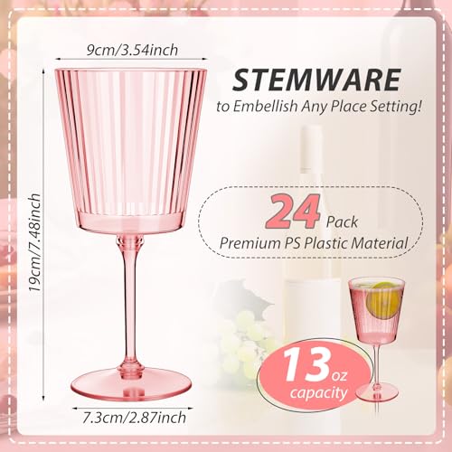 Domensi 24 Pack Plastic Wine Glasses Disposable 13 oz Ribbed Wine Glasses with Stem Unbreakable Reusable Cocktail Cups for...