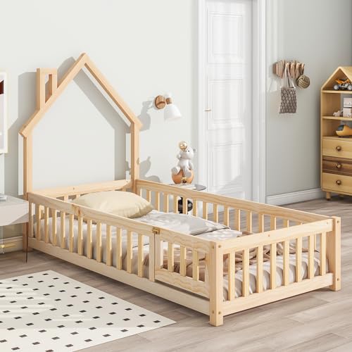 Lighluxstly Twin Size Montessori Floor Bed with Fence and Door, House-Shaped Headboard Floor Bed with Full-Length Guardrails, Floor House Bed for Teens