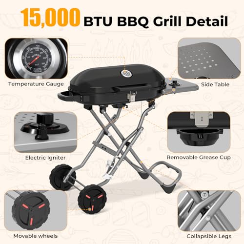 Havato Portable Propane Gas Grill,15,000 BTU BBQ Grill with Top Cover Lid, 406 sq.in. Grilling Areas, 2 Wheels, Built-in T...