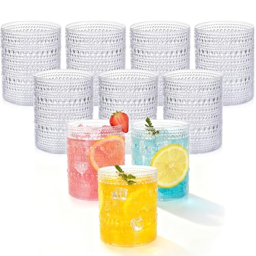 YOUBET 24PCS Plastic Hobnail Drinking Glasses - 14 Oz Clear Vintage Glasses Drinkware - Disposable Beaded Cups for Juice, ...