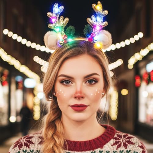 CAKURE Light Up Reindeer Antlers Headband LED Glow Christmas Headbands Deer Ears Hair Bands Holiday Xmas Headwear for Women