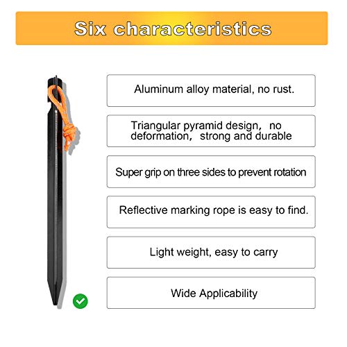 10 Pack Heavy Duty Aluminum Tent Stakes with Reflective Pull Ropes, Triangular Ground Pegs