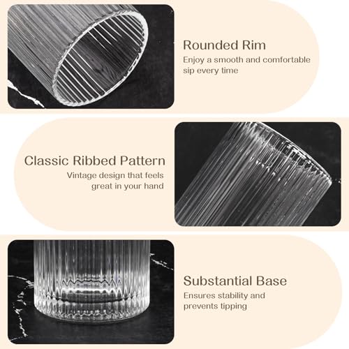 AUFXKOO Set of 8 Vintage Ribbed Glassware,4 Highball Glasses 12 oz,4 Rocks Drinking Glasses 14 oz,Ribbed Cocktail Glass Cu...