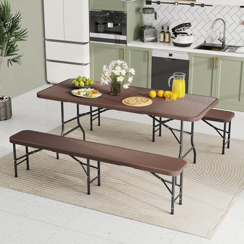 Goplus 6 FT 3-Piece Portable Picnic Table Bench Set, HDPE Rattan-Like Plastic Folding Picnic Tables with Benches, Foldable...