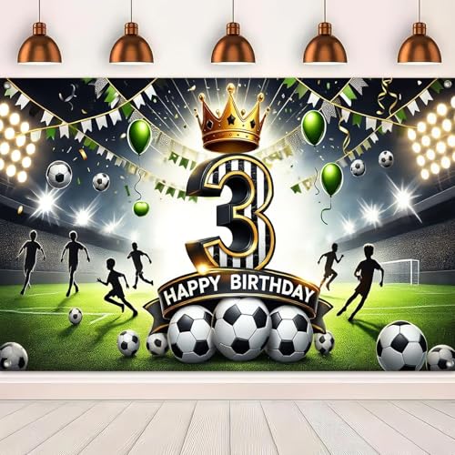 BlissYard Happy 3rd Birthday Soccer Party Banner Stadium Background Third Birthday Decorations Green Gold Crown Number Thr...