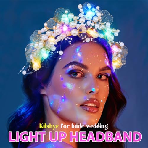 Kilshye Light Up Pearl Wedding Crowns and Tiaras Gold Flower Bridal Headband Prom Headpiece for Women