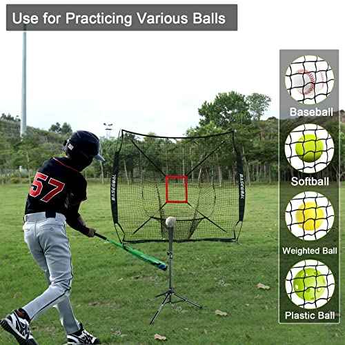 7'¡¿7' Baseball Softball Practice Net,Baseball Backstop,with Batting Tee,for Hitting Pitching Batting Catching with Bow Frame,Bonus Strike Zone