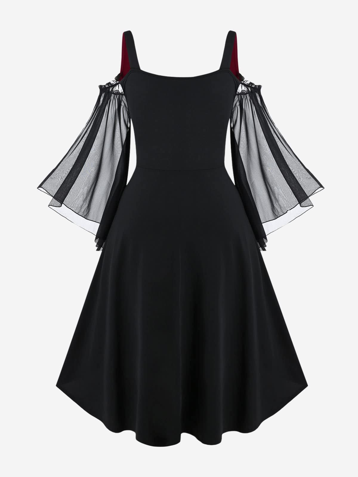 Rosegal Women Plus Size Punk Cold Shoulder Flare Sleeves Lace Up High Low A Line Midi Gothic Dress Renaissance Corset Dress（Black-217/L）