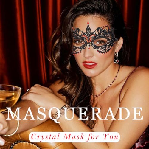Flimire Masquerade Mask for Women Black Rhinestone Lace Mask Mardi Gras Costume Party Eye Mask