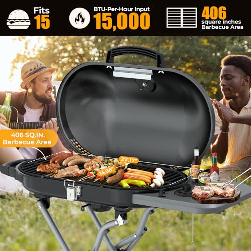 Havato Portable Propane Gas Grill,15,000 BTU BBQ Grill with Top Cover Lid, 406 sq.in. Grilling Areas, 2 Wheels, Built-in T...