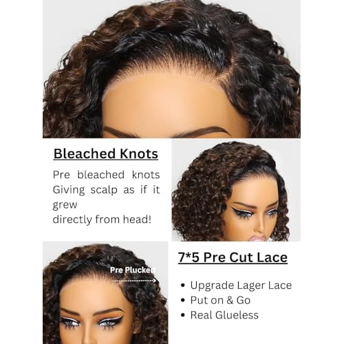 Julia Hair 8 Inch Ombre Brown Short Curly Bob Bye Bye Knots Glueless Wigs Human Hair Pre Cut 7x5 HD Lace Closure Wig Pre Cut Lace Closure Pre-Everything Pre-Plucked Pre Bleached Balayage Brown Wig