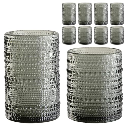 ZMOWIPDL Vintage Hobnail Drinking Glasses Set of 8,Grey 12 oz & 15oz Highball Glass Cups, Kitchen Drinkware Glassware,Embo...