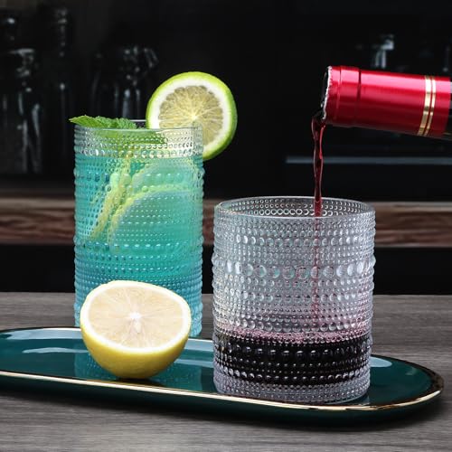 Hobnail Drinking Glasses Set of 12,12 oz Highball Glasses & 10 oz Cocktail Glasses,Clear Embossed Glass Cups,Kitchen Water...