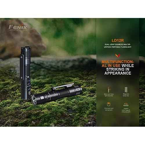 Fenix LD12R EDC Flashlight, 600 Lumen USB-C Rechargeable, AA Compatible, Main and Side Dual LEDs Work Light with Magnetic Clip and Lumentac AA Organizer