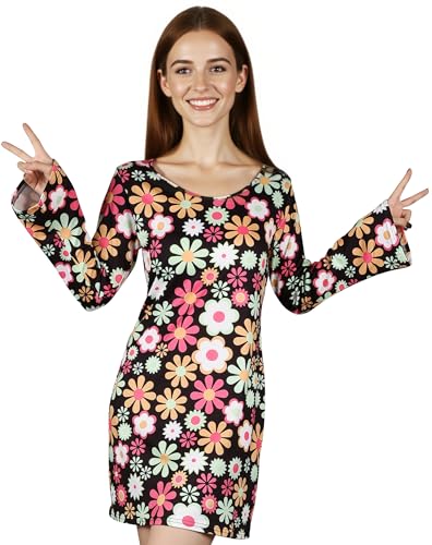 DANAZANA Women's Halloween Floral 60s 70s Hippie Costume Dress Women Groovy Hippy Inspired Bell Sleeves Dresses Retro A Line Mini Dress Vintage Boho Cowgirl Costumes Woodstock Party Black