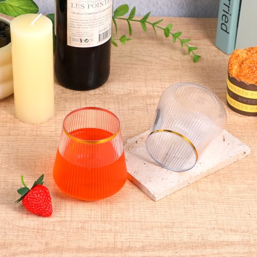 24 Pcs 12oz Clear Plastic Wine Cups with Gold Rim - Elegant Origami Ripple Design, Shatterproof for Whiskey, Cocktail, Cha...